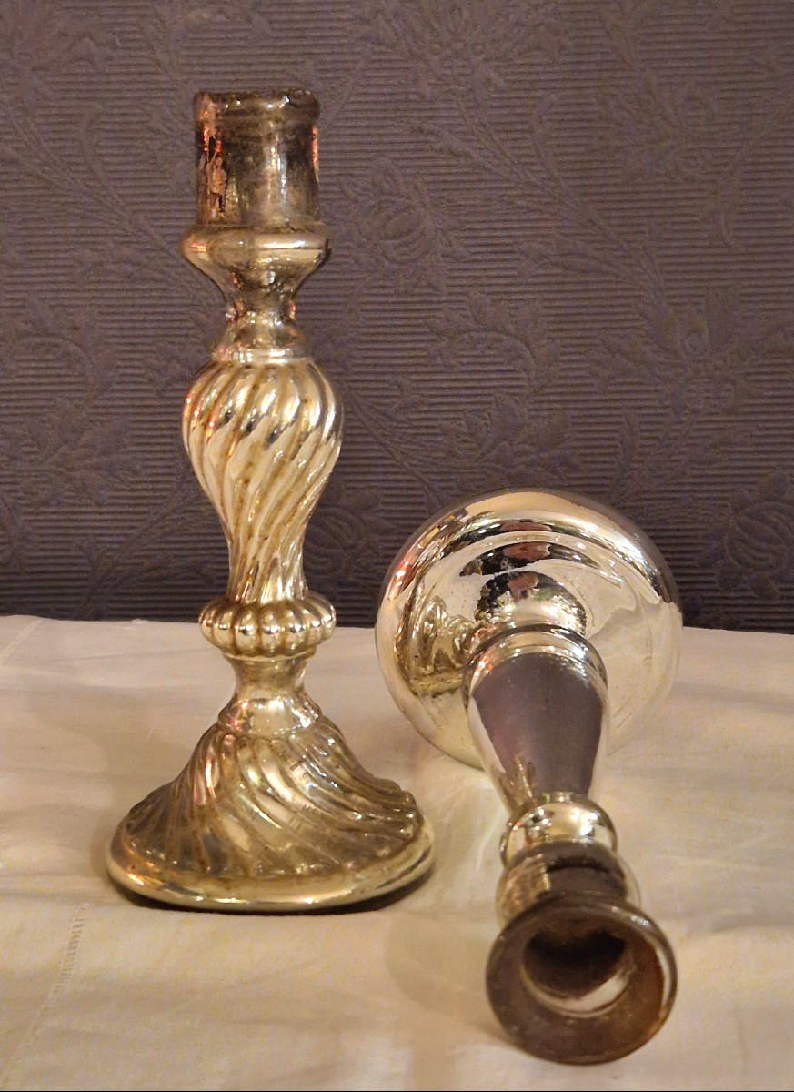 Deux bougeoirs en verres mercurisé XIX ème