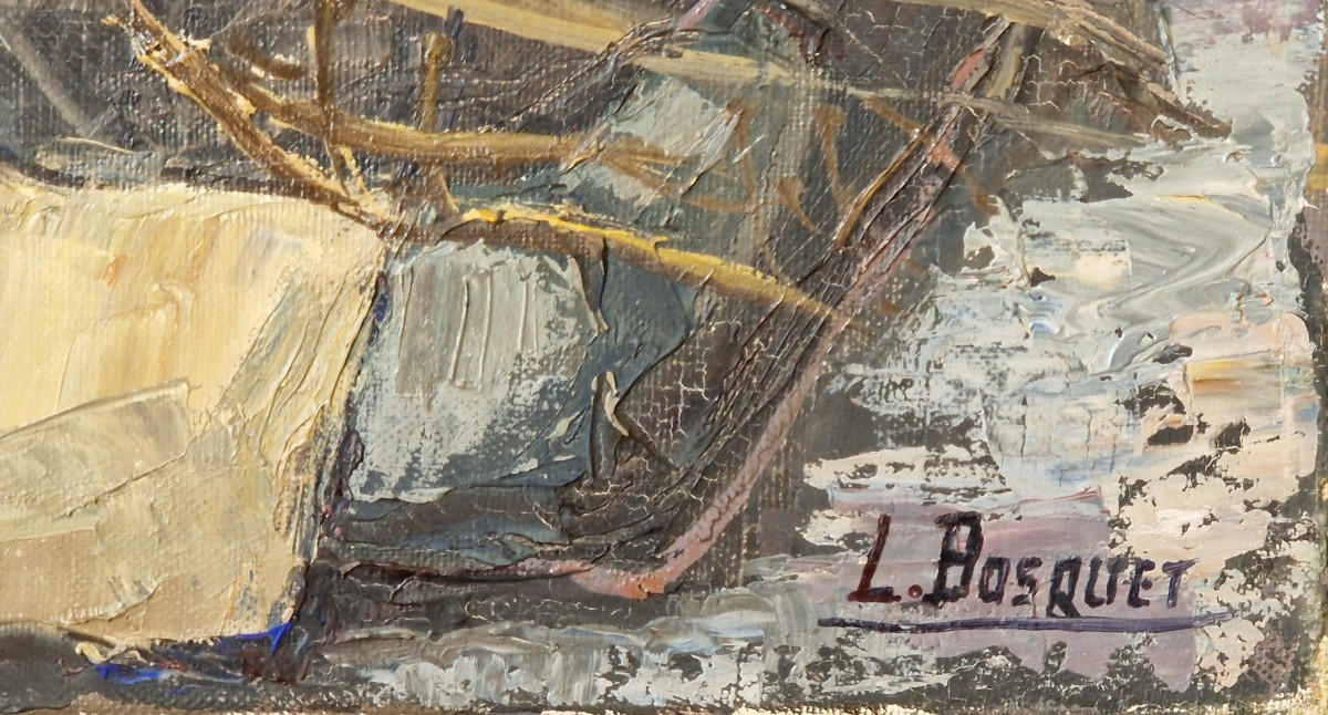 Lucienne BOSQUET (1910-1990) – " Pêcheurs et filets de pêche" – Huile -photo-3