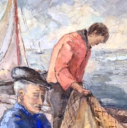 Lucienne BOSQUET (1910-1990) – " Pêcheurs et filets de pêche" – Huile -photo-4