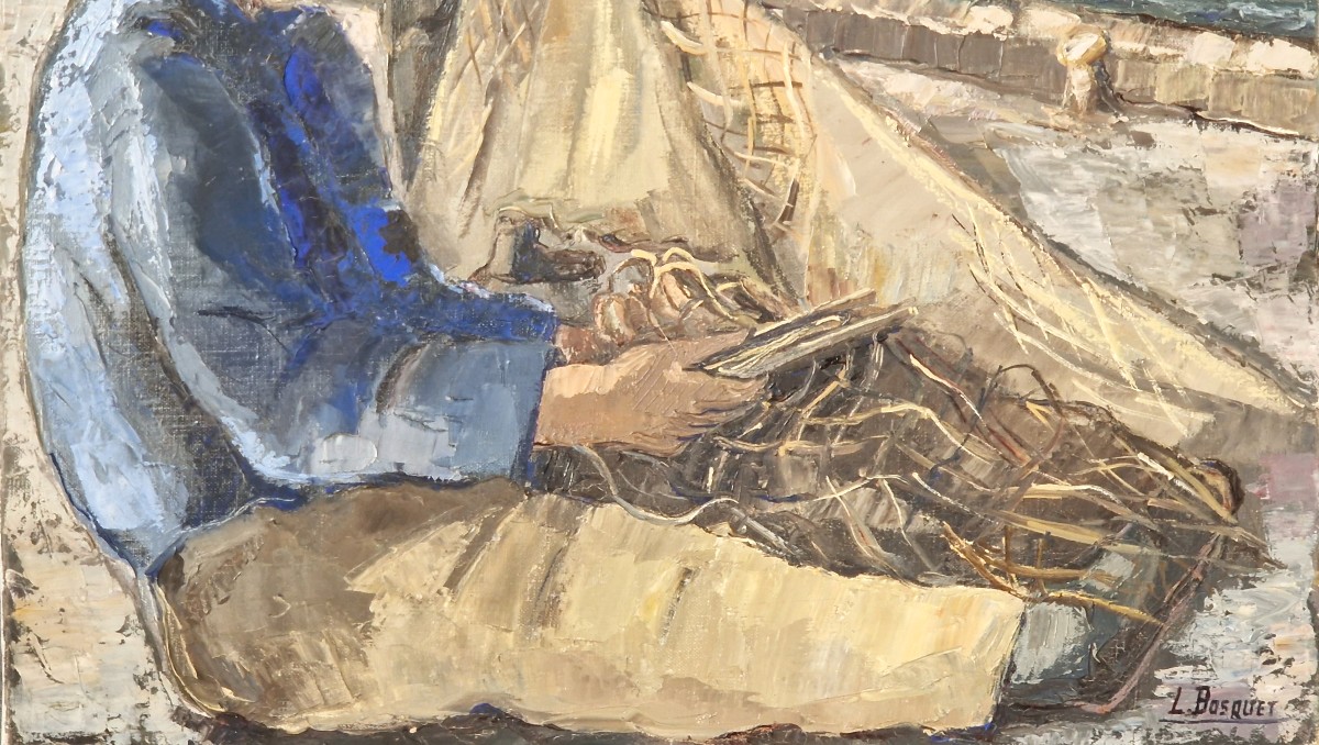 Lucienne BOSQUET (1910-1990) – " Pêcheurs et filets de pêche" – Huile -photo-1