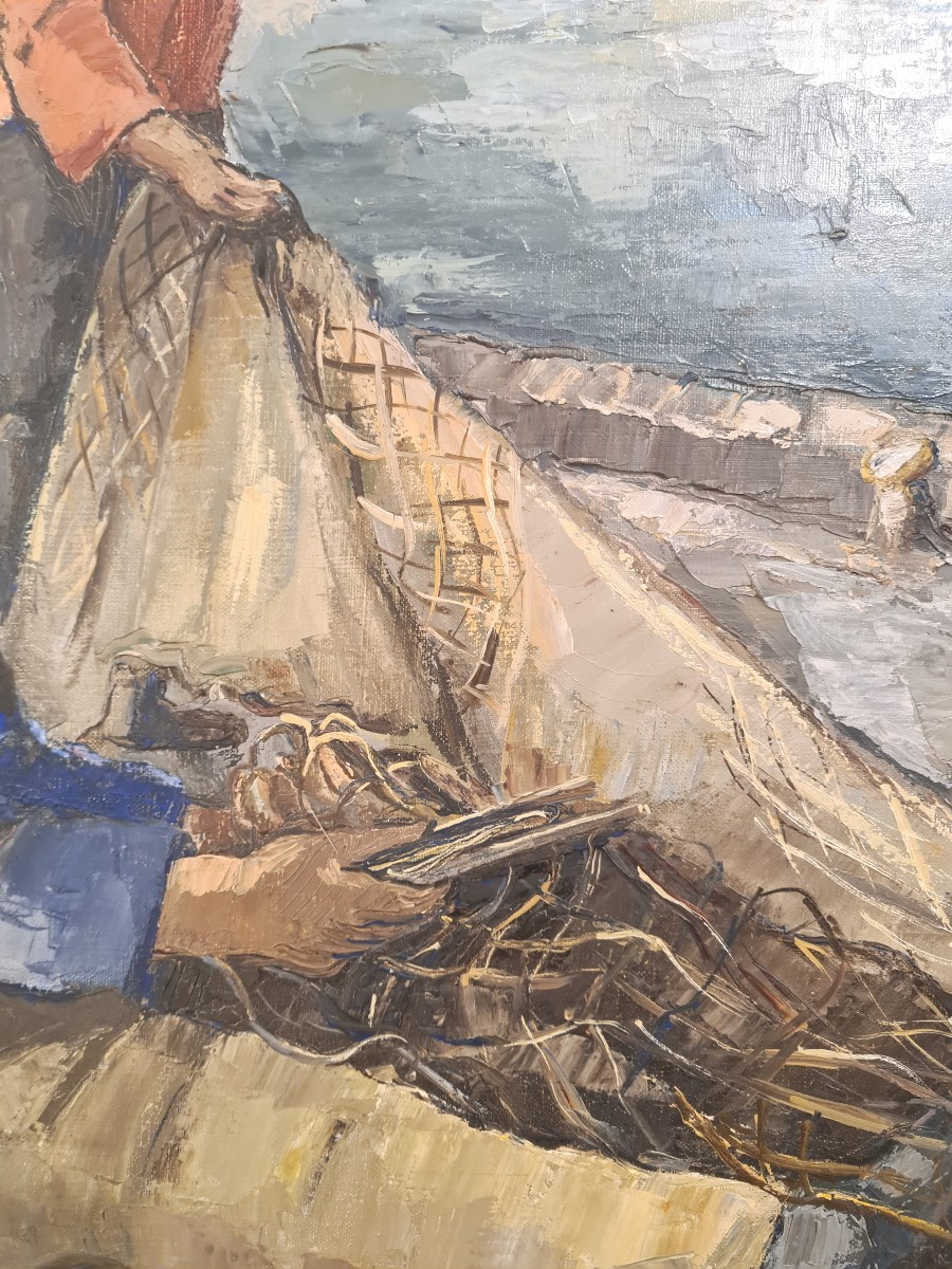 Lucienne BOSQUET (1910-1990) – " Pêcheurs et filets de pêche" – Huile -photo-2
