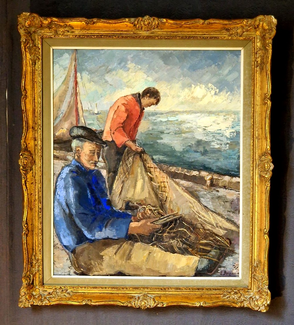 Lucienne BOSQUET (1910-1990) – " Pêcheurs et filets de pêche" – Huile -photo-7