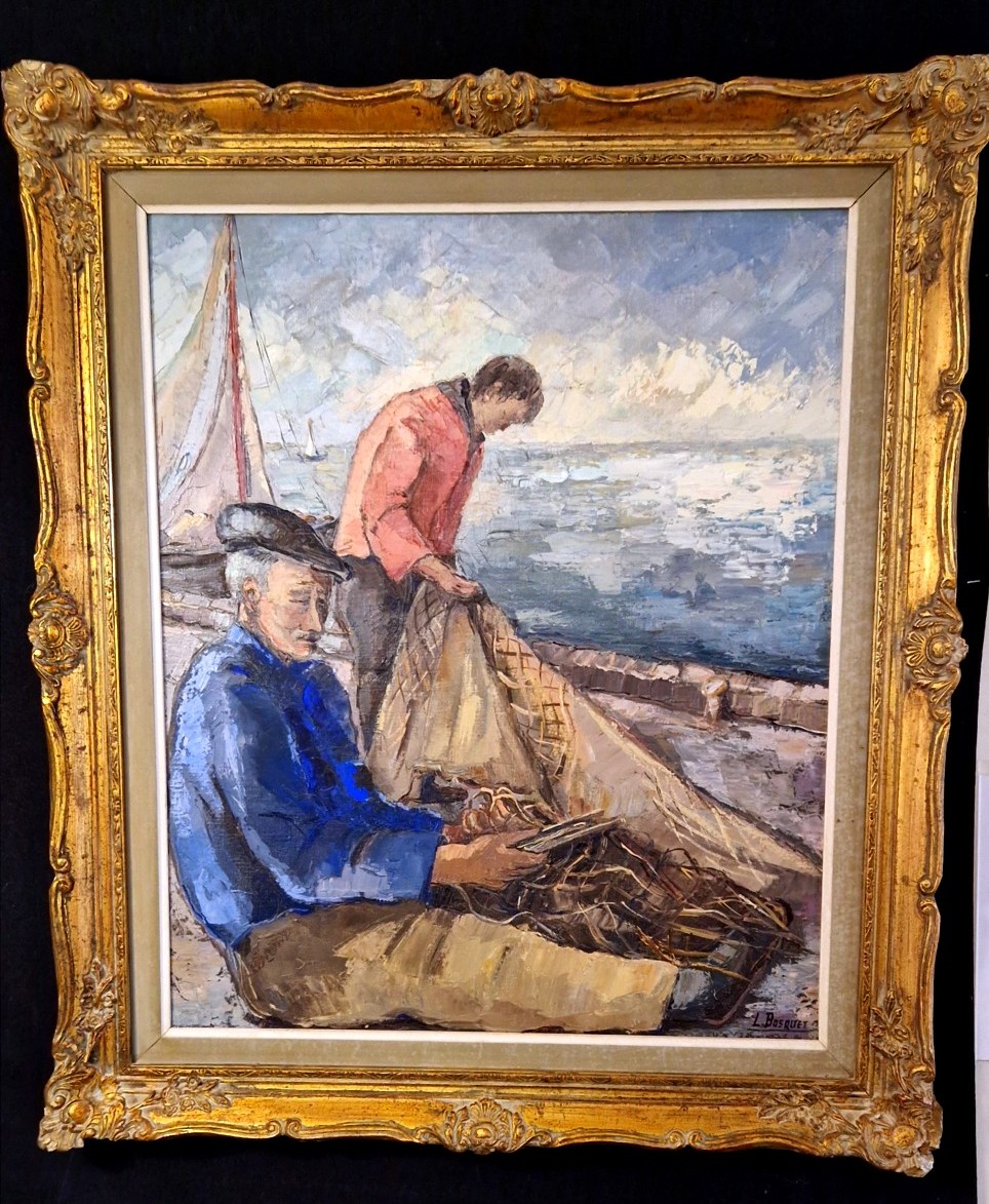 Lucienne BOSQUET (1910-1990) – " Pêcheurs et filets de pêche" – Huile 