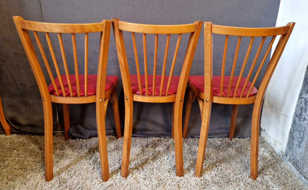 3 Baumann No. 53 "fan" Chairs From 1959, Red Imitation Leather -photo-2