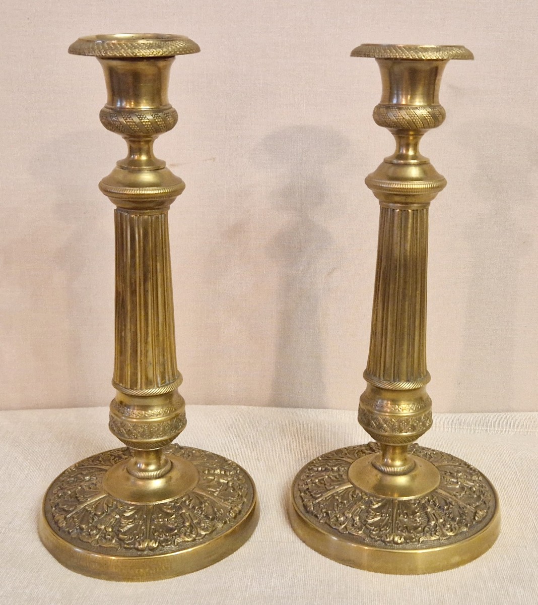 Pair Of Restoration-style Brass Torch-style Candlesticks, 20th Century-photo-2