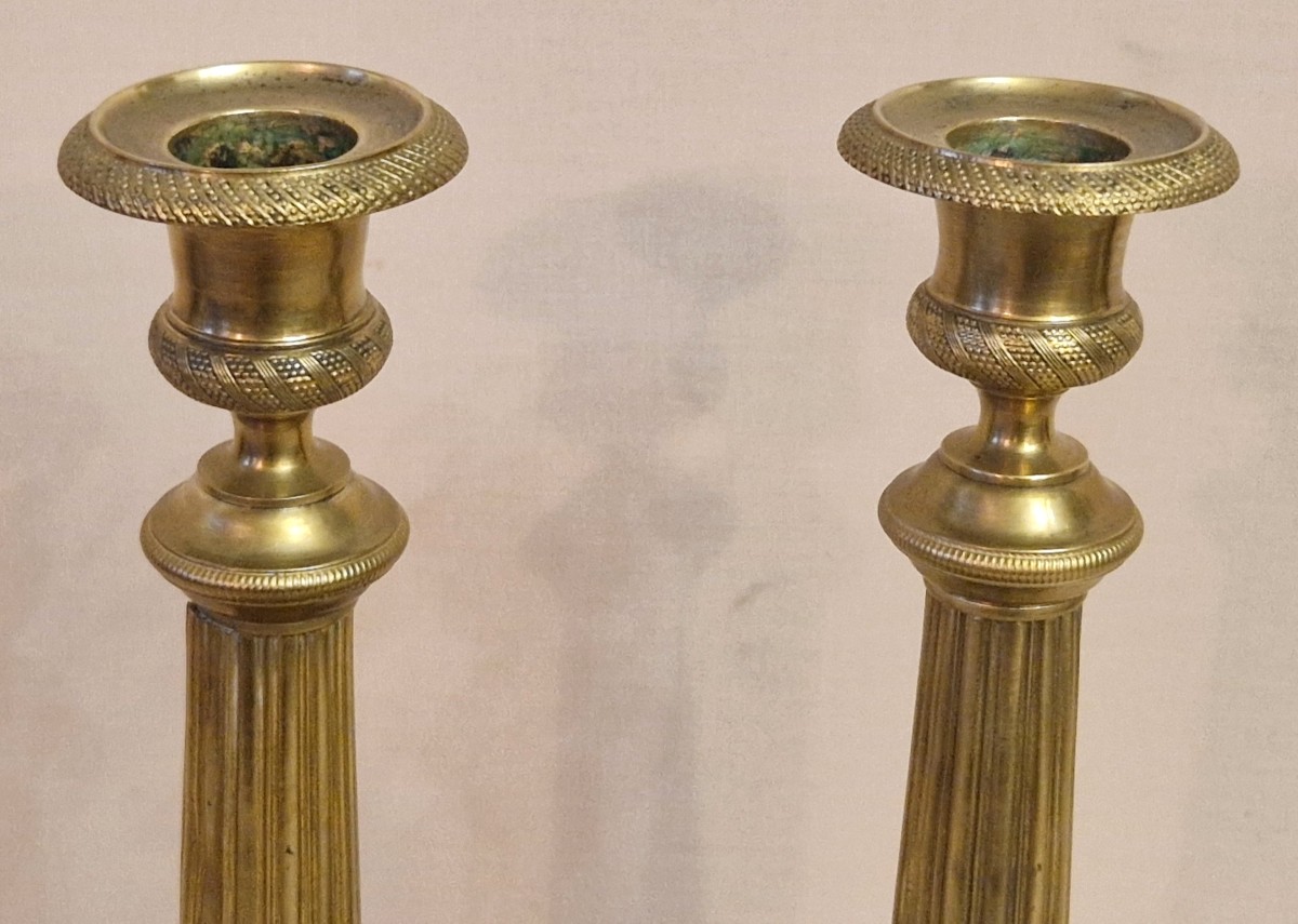 Pair Of Restoration-style Brass Torch-style Candlesticks, 20th Century-photo-3
