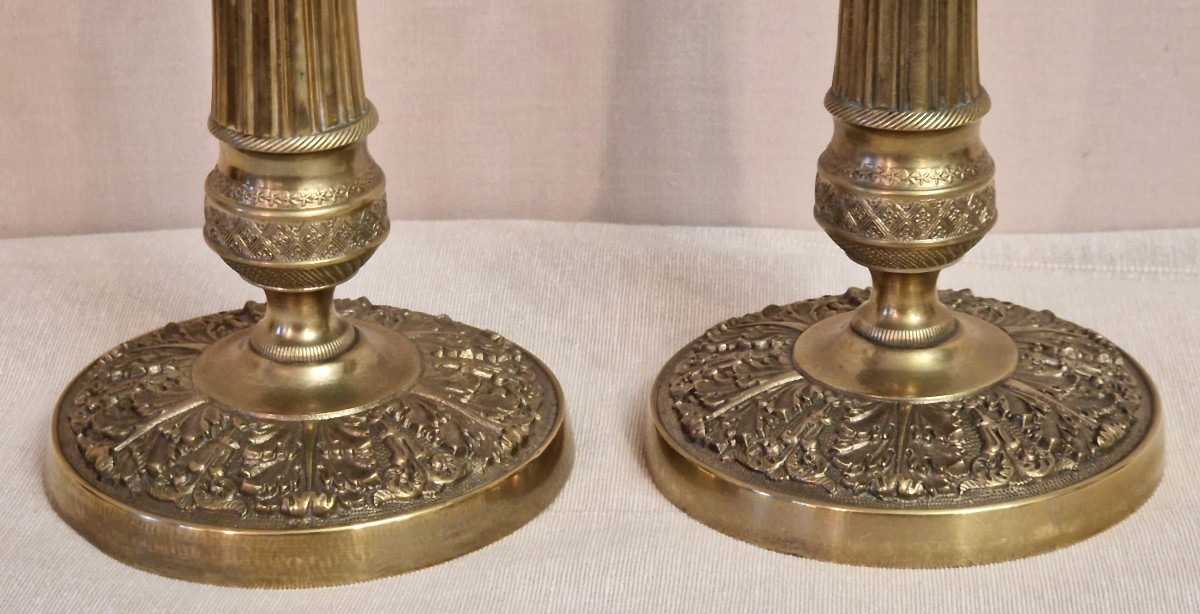 Pair Of Restoration-style Brass Torch-style Candlesticks, 20th Century-photo-4