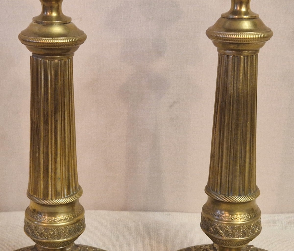 Pair Of Restoration-style Brass Torch-style Candlesticks, 20th Century-photo-1