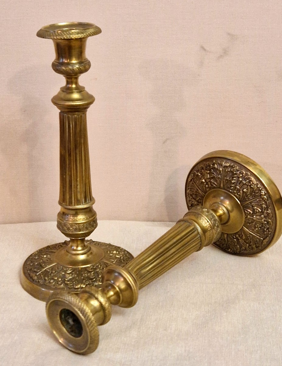 Pair Of Restoration-style Brass Torch-style Candlesticks, 20th Century