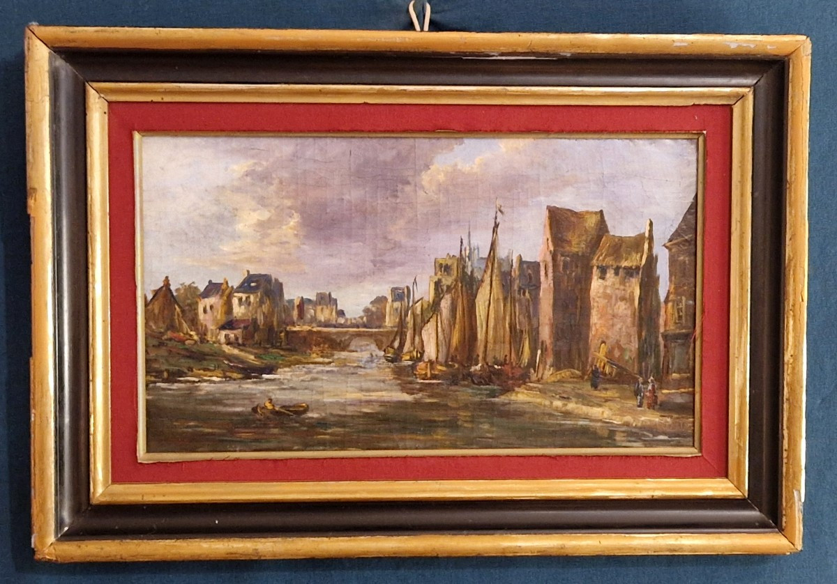 Alfred MONTAGUE (1832-1870) – "Scène animée en bord de fleuve" – XIXe siècle-photo-2