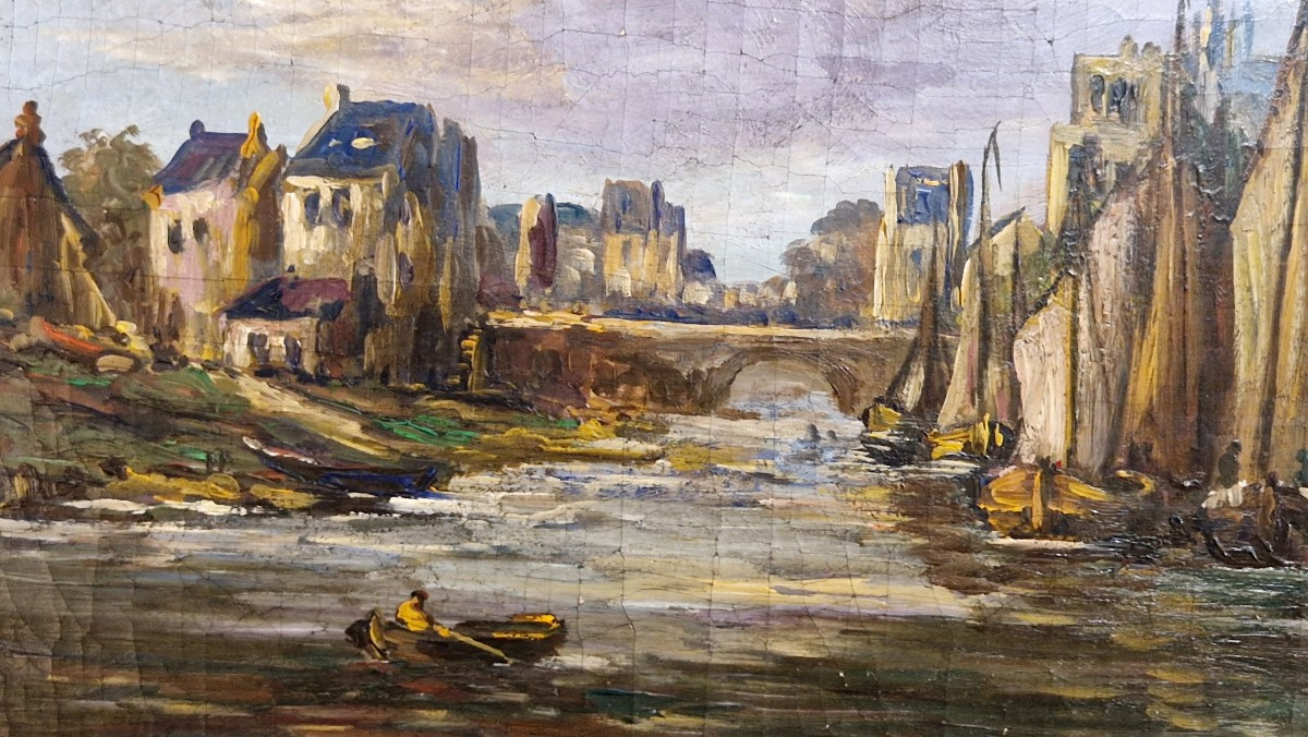 Alfred MONTAGUE (1832-1870) – "Scène animée en bord de fleuve" – XIXe siècle-photo-4