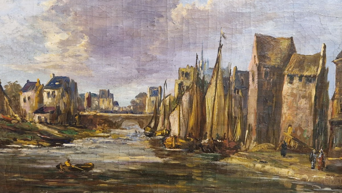 Alfred MONTAGUE (1832-1870) – "Scène animée en bord de fleuve" – XIXe siècle-photo-5