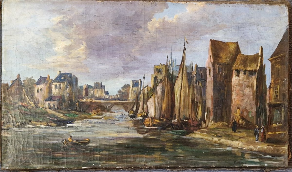 Alfred Montague (1832-1870) – "lively Scene By The River" – 19th Century-photo-1