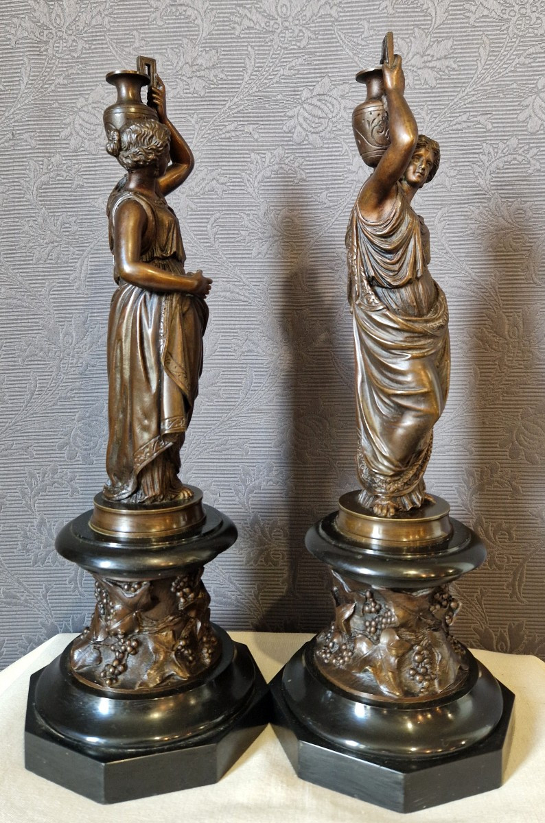 Pair Of Antique-style Female Figures - Bronze 19th C-photo-2