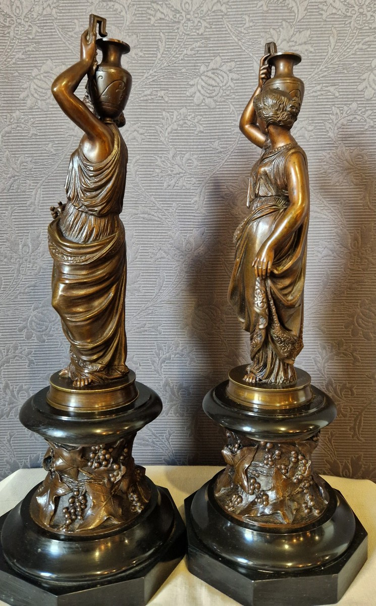 Pair Of Antique-style Female Figures - Bronze 19th C-photo-3