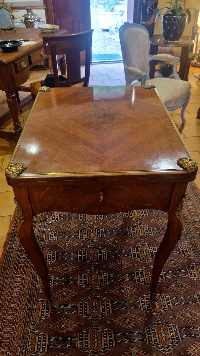 Table à jeux en  marqueterie de style Louis XV-photo-4
