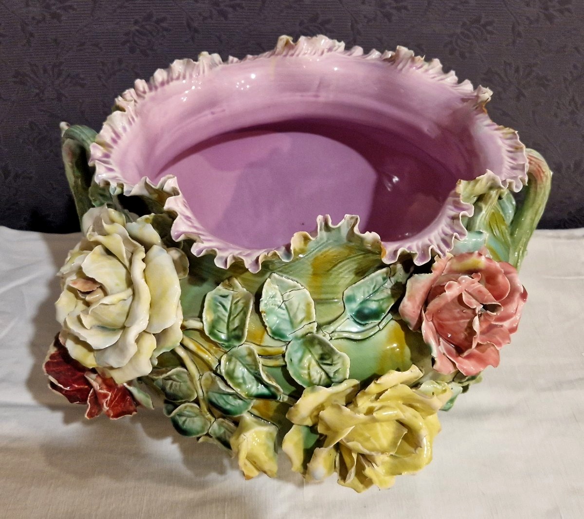 Grand cache-pot en barbotine majolique – Époque Art Nouveau -photo-3