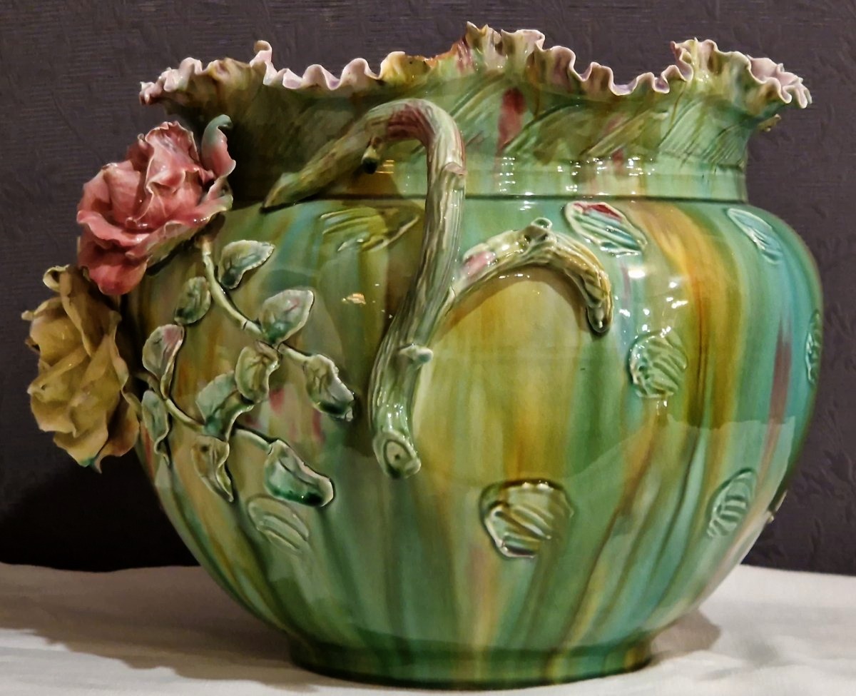 Grand cache-pot en barbotine majolique – Époque Art Nouveau -photo-1