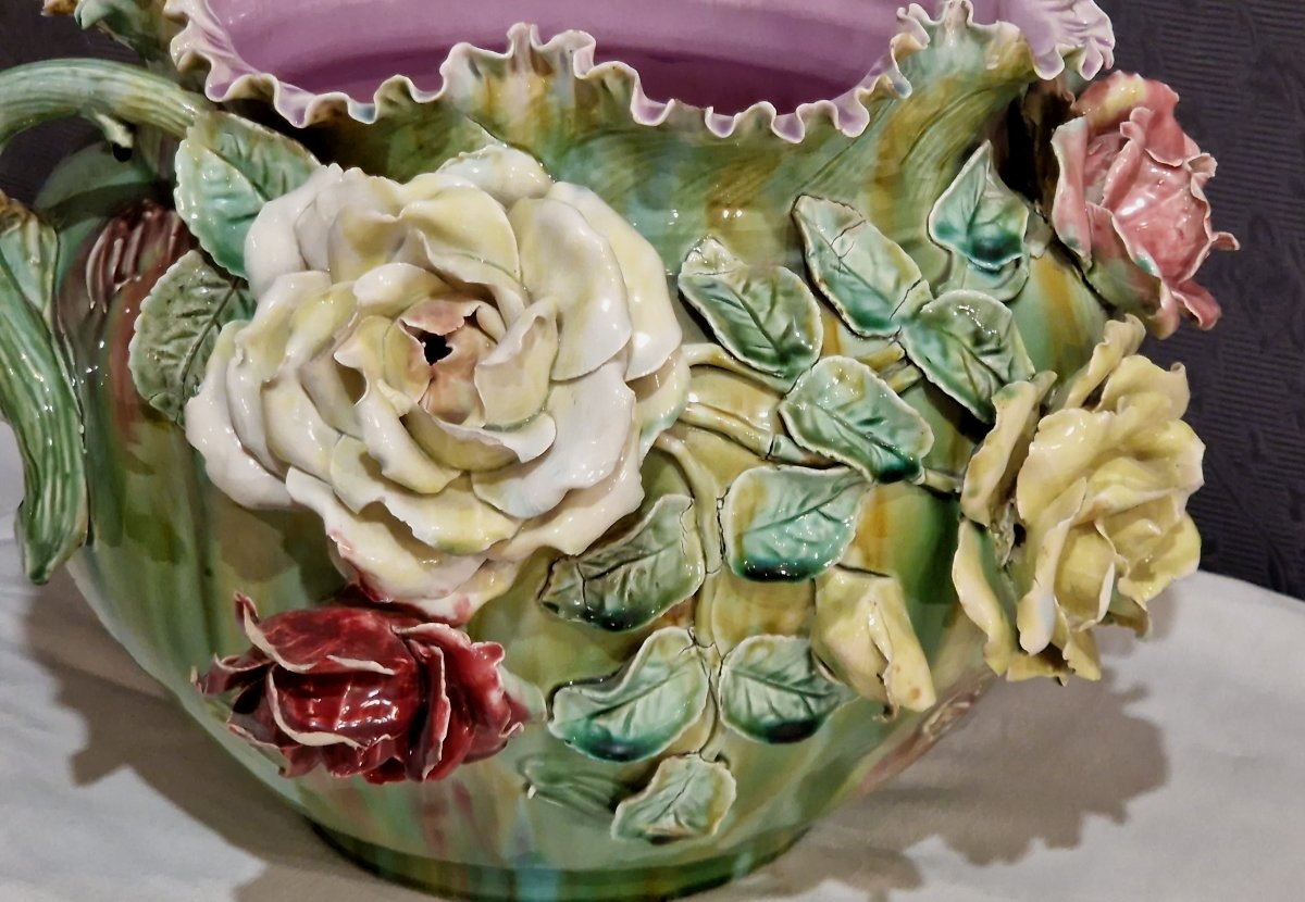 Grand cache-pot en barbotine majolique – Époque Art Nouveau -photo-5