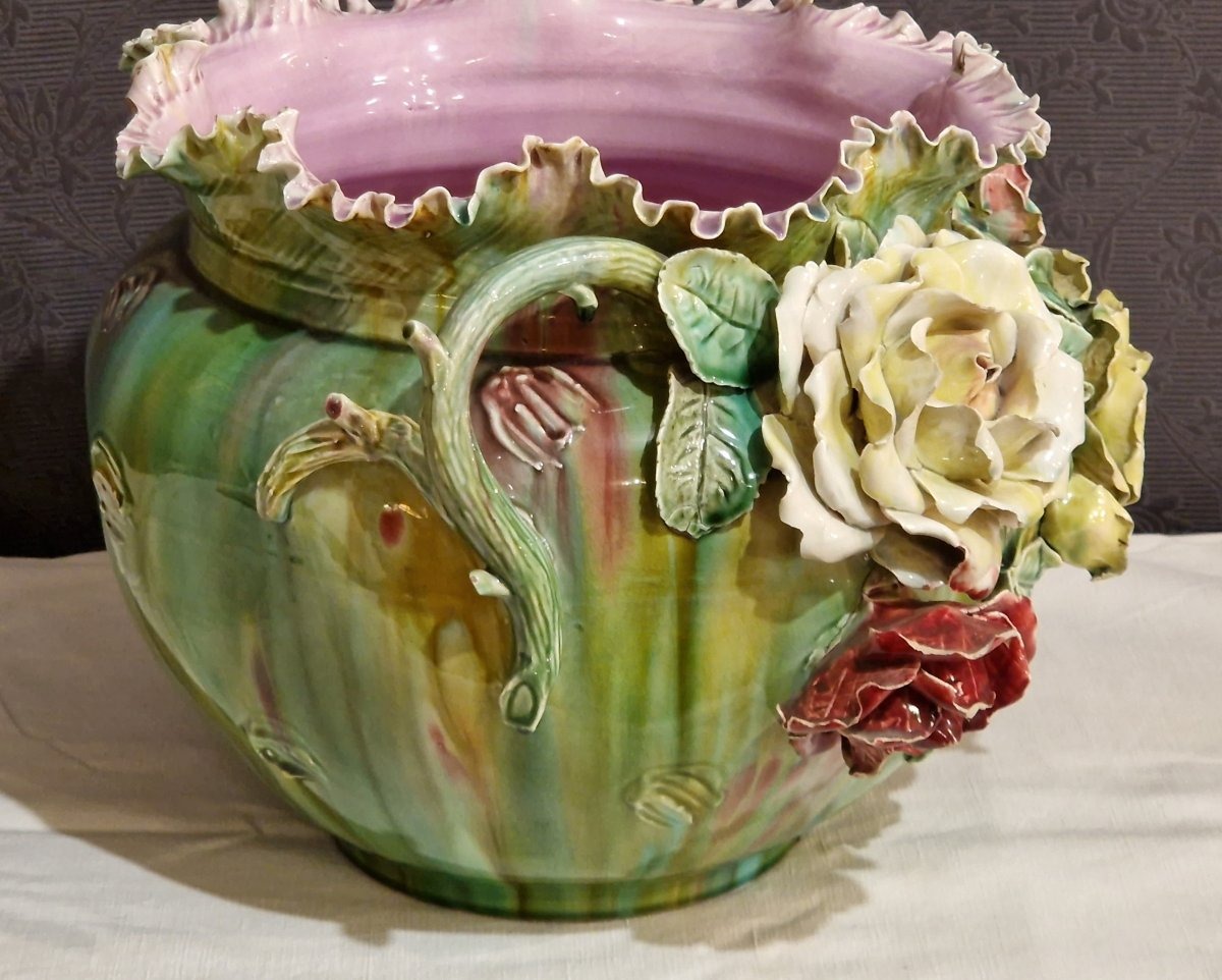 Grand cache-pot en barbotine majolique – Époque Art Nouveau -photo-6