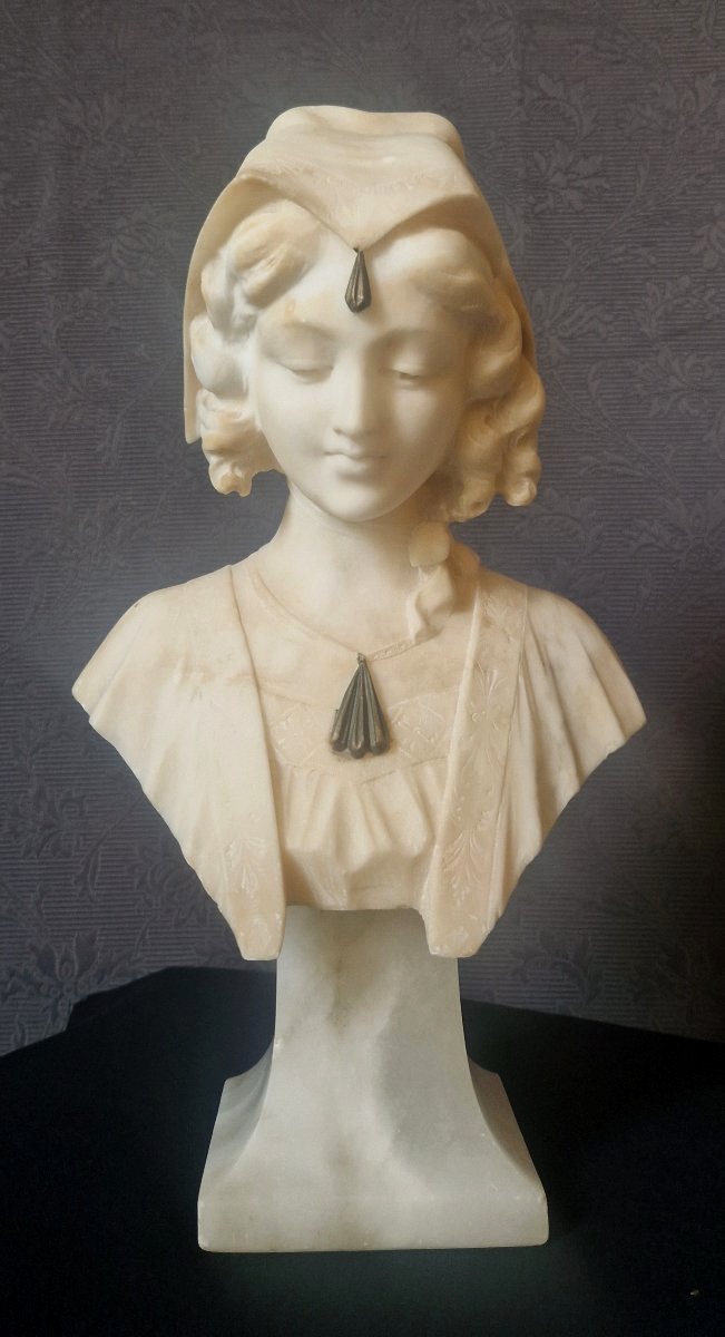 Alabaster Bust—young Orientalist Woman—a. Luchini (late 19th–early 20th Century)-photo-3