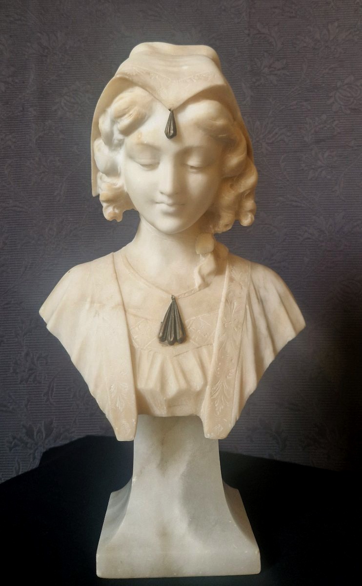 Alabaster Bust—young Orientalist Woman—a. Luchini (late 19th–early 20th Century)