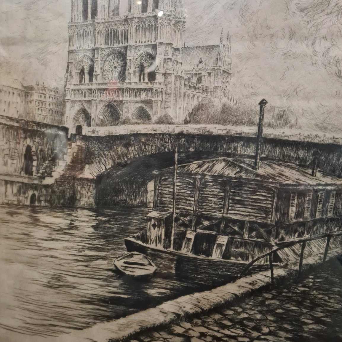Vue quai de seine -Notre Dame De Paris - Eau forte-photo-1