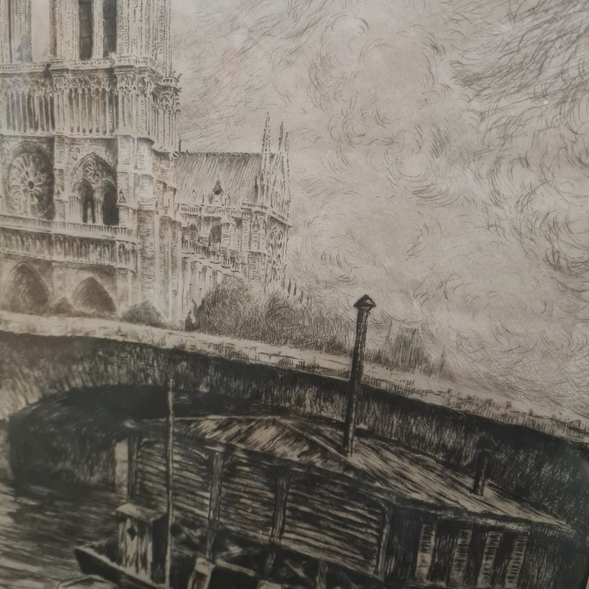 Vue quai de seine -Notre Dame De Paris - Eau forte-photo-5