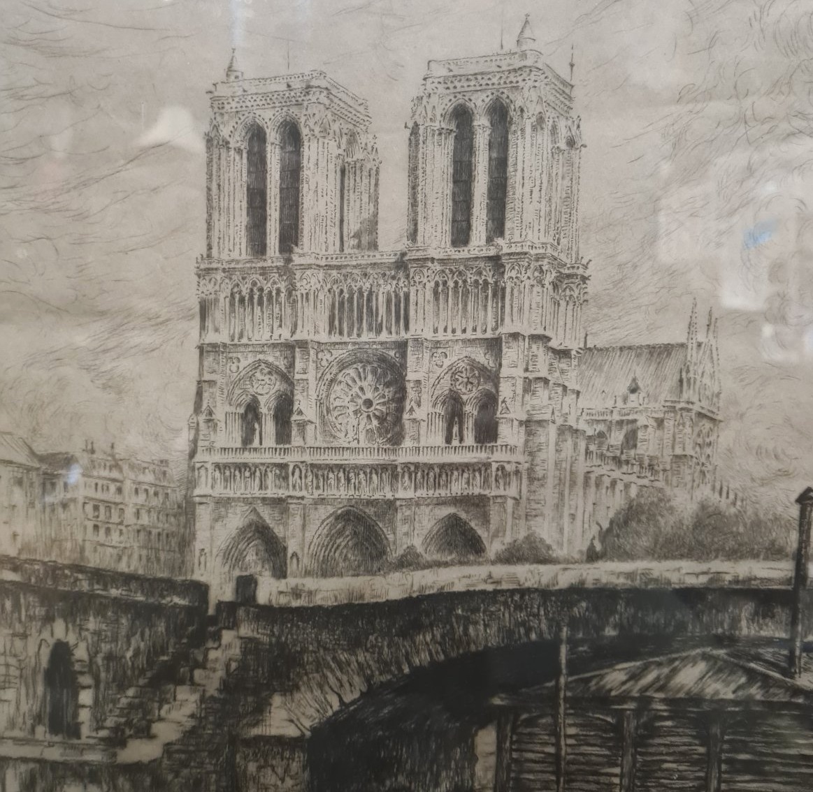 Vue quai de seine -Notre Dame De Paris - Eau forte