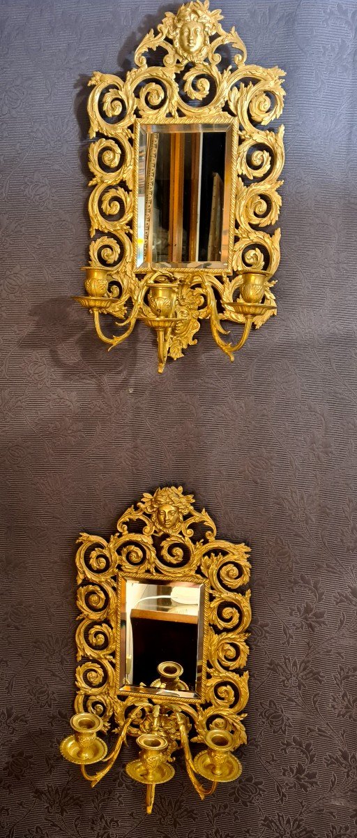 Paire De Miroirs Appliques Bronze Doré Fin XIXème-photo-2
