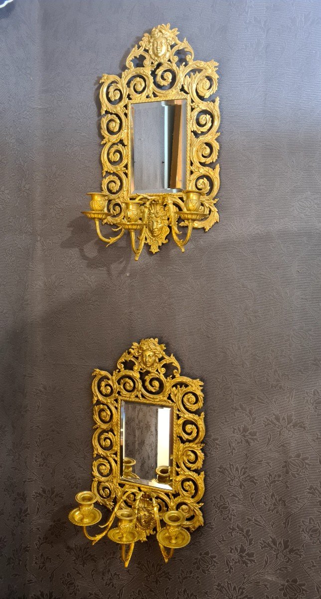Paire De Miroirs Appliques Bronze Doré Fin XIXème