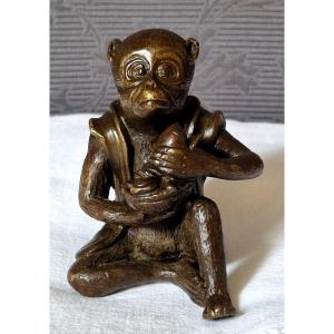 Singe Assis En Bronze Par Edouard Enot 