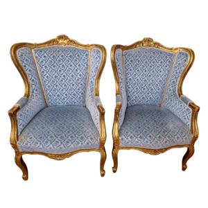 Paire De Fauteuils  "Bergère" En Bois Doré de Style Louis XV 
