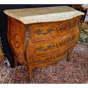 Curved Chest Of Drawers With Marquetry – Stamped “r. Bacchin,” 20th Century