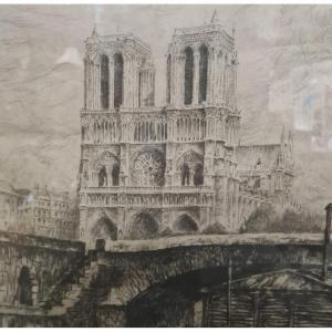 Vue quai de seine -Notre Dame De Paris - Eau forte
