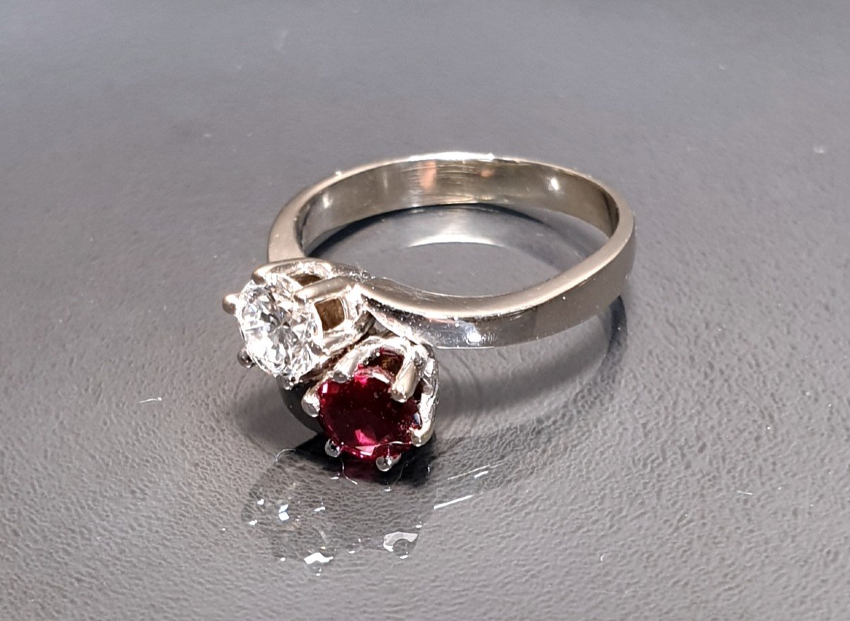 Vintage Ring Toi- Et-moi - Natural Ruby And Diamond Set In White Gold.-photo-2