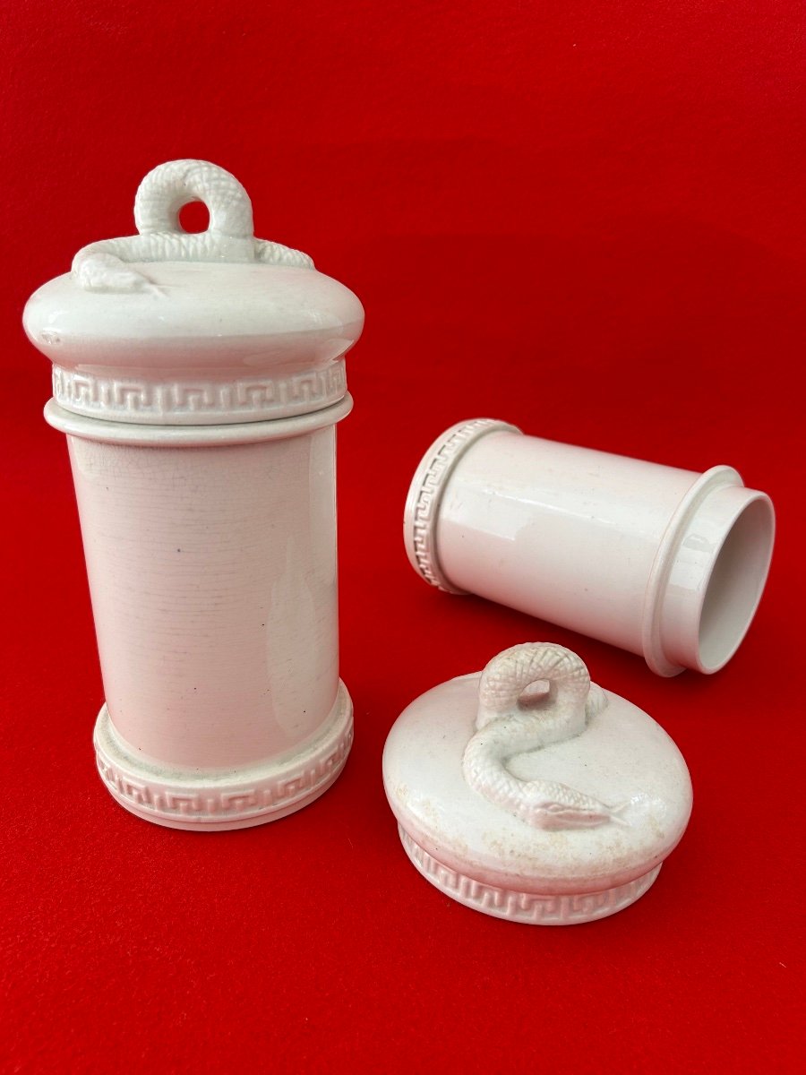 Pair Of Earthenware Pharmacy Jars (douai?) 19th Century