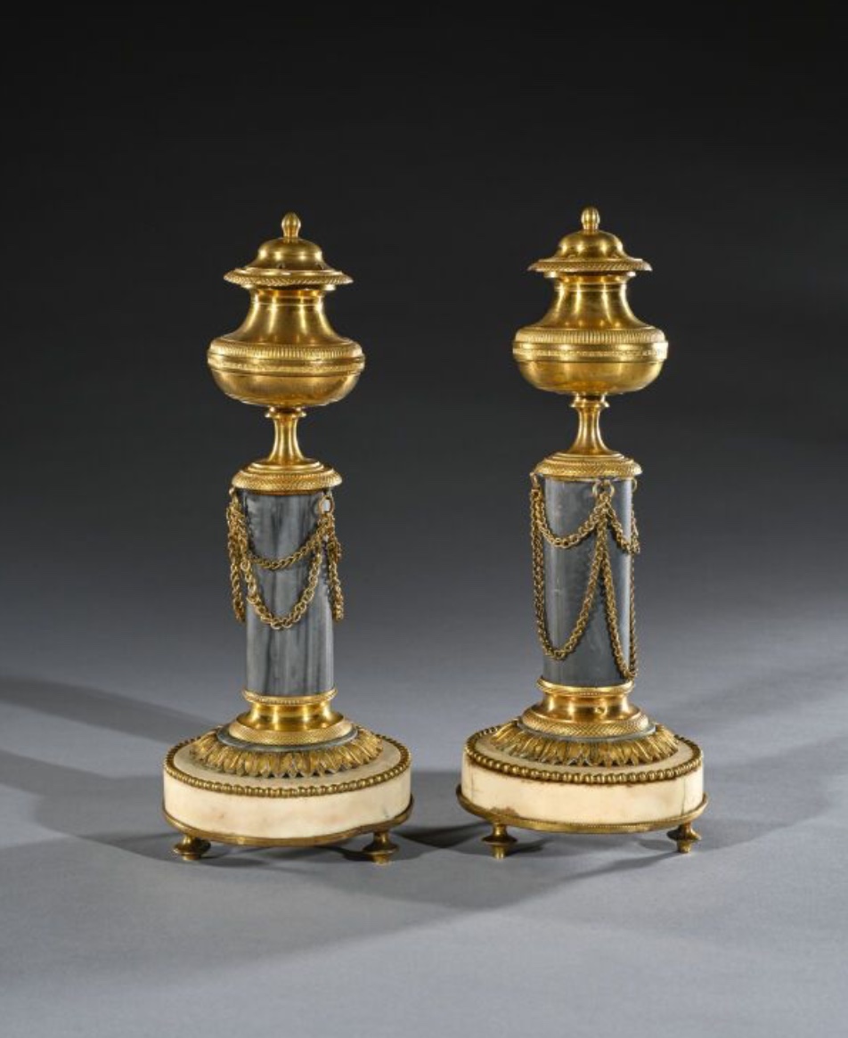 A Pair Of  Gilt Bronze And Marble Cassolettes Forming Candlesticks, Paris Late Louis XVI Period