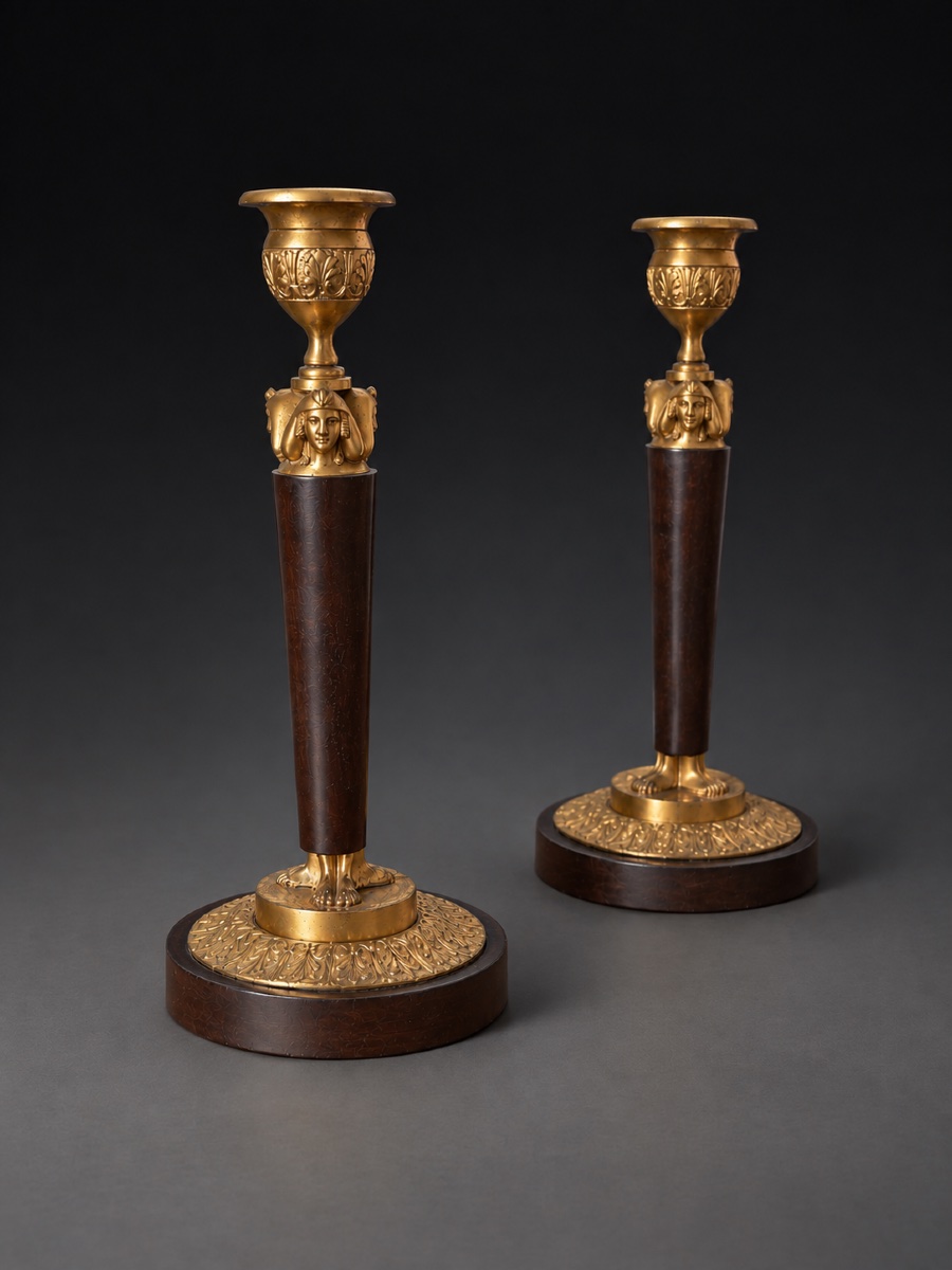 Pair Of Egyptian Candlesticks From The Empire Period, ‘retour D’egypte’. Circa 1805