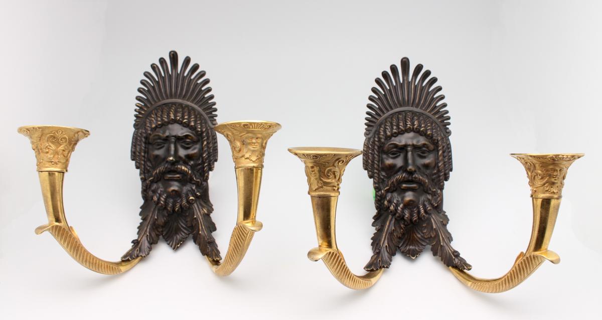 A Pair Of Empire Ormolu And Patinated Two Light Wall (1804-1814)