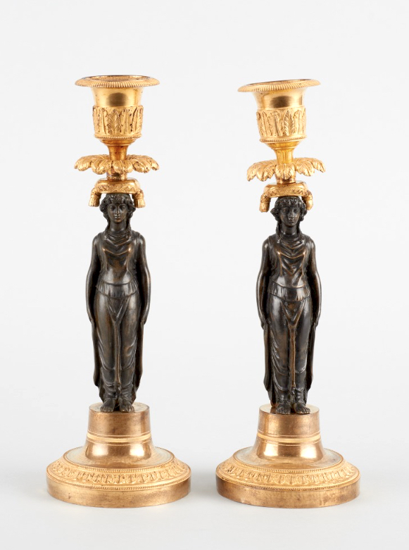 Pair Of Empire Gilt Bronze And Patinated Candlesticks