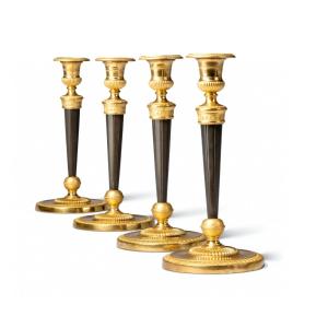 A Set Of Four Empire Ormolu And Patinated-bronze Candlesticks- Early 19th Century