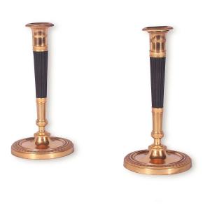 A Fine Pair Of Large Gilt Bronze And Patinated Empire Candlesticks