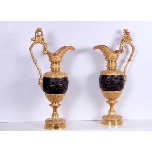 A Pair Of Ormolu And Patinated Napoleon III Ewers