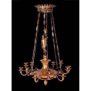 Lustre En Bronze Doré à douze lumières d'Époque Empire