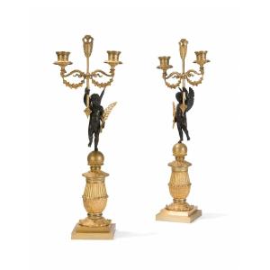 A Pair Of Empire Gilt And Patinated Bronze Candelabra