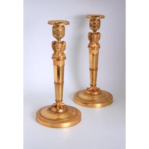 A Fine Pair Of Empire Gilt Bronze  Candlesticks