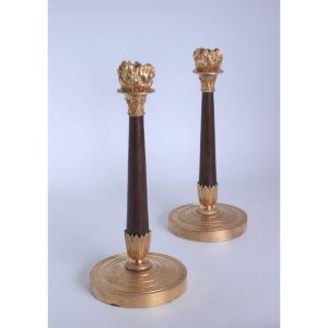 A Nice Empire Pair Of Gilt Bronze And Patinated  Candlesticks  - Circa  1805