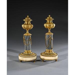 A Pair Of  Gilt Bronze And Marble Cassolettes Forming Candlesticks, Paris Late Louis XVI Period