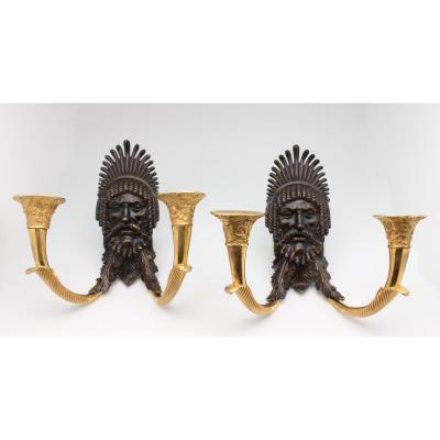 A Pair Of Empire Ormolu And Patinated Two Light Wall (1804-1814)